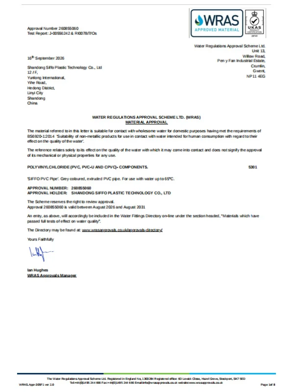 WRAS certification for PVC , PVC-U and CPVC