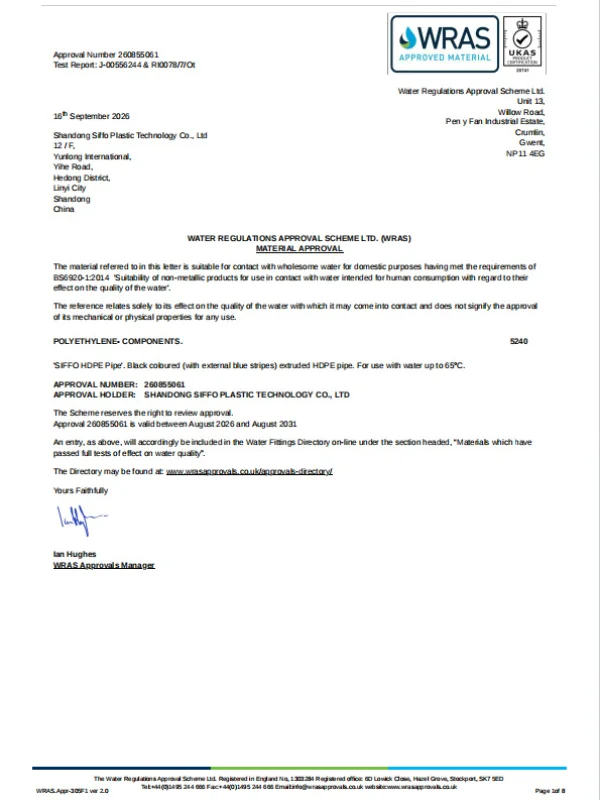 WRAS certification for HDPE pipes